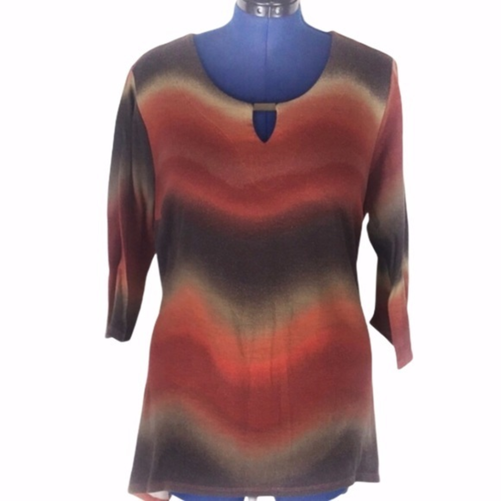 Zac & Rachel Woman 2X orange brown fall color gold bar shark bite hem top